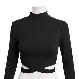 🍀🍀 Black Ribbed Mock Neck Long Sleeve Wrap Crop Top Cutout